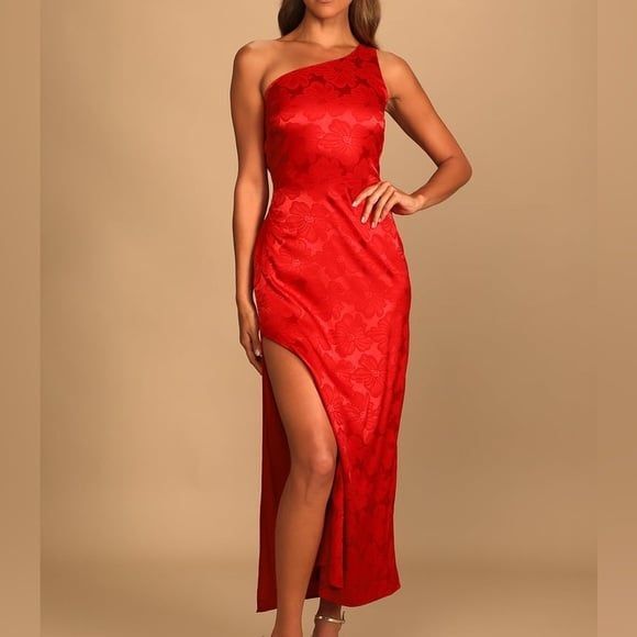 Lulu's Red Satin Chasing Desire Asymmetrical Ruched Maxi Gown - Picture 1 of 12